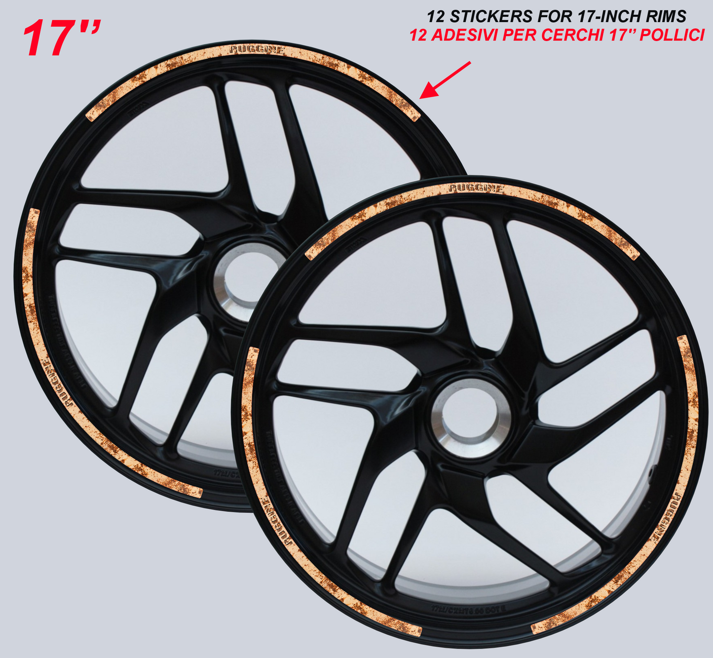 Adesivi Cerchi Moto 17 Pollici – Set 2 Ruote – Design Racing Effetto ruggine – Resistenti a Sole e Pioggia – Adesivi Lucidi Ruote Moto D0142