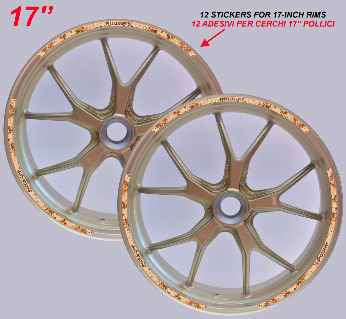 Adesivi Cerchi Moto 17 Pollici – Set 2 Ruote – Design Racing Effetto ruggine – Resistenti a Sole e Pioggia – Adesivi Lucidi Ruote Moto D0142