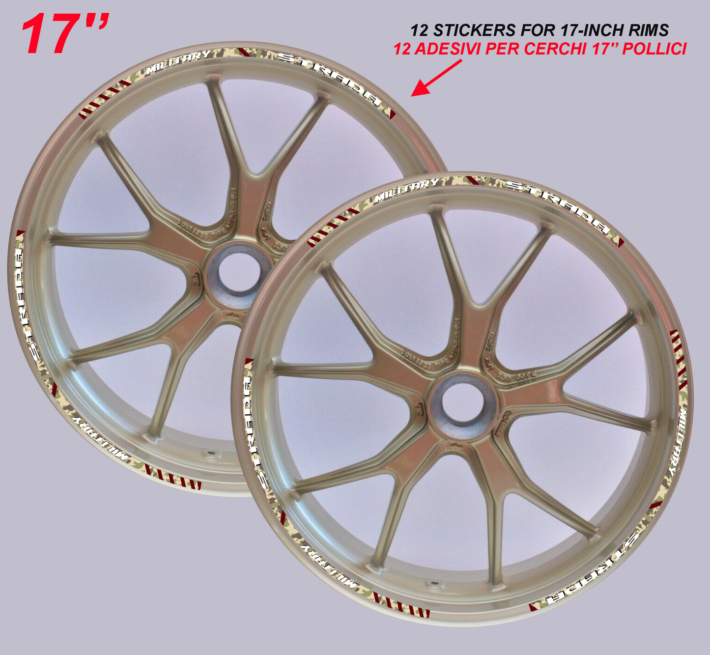 Adesivi Cerchi Moto 17 Pollici – Set 2 Ruote – Design Racing Effetto militare – Resistenti a Sole e Pioggia – rims Adesivi Lucidi Ruote Moto D0144