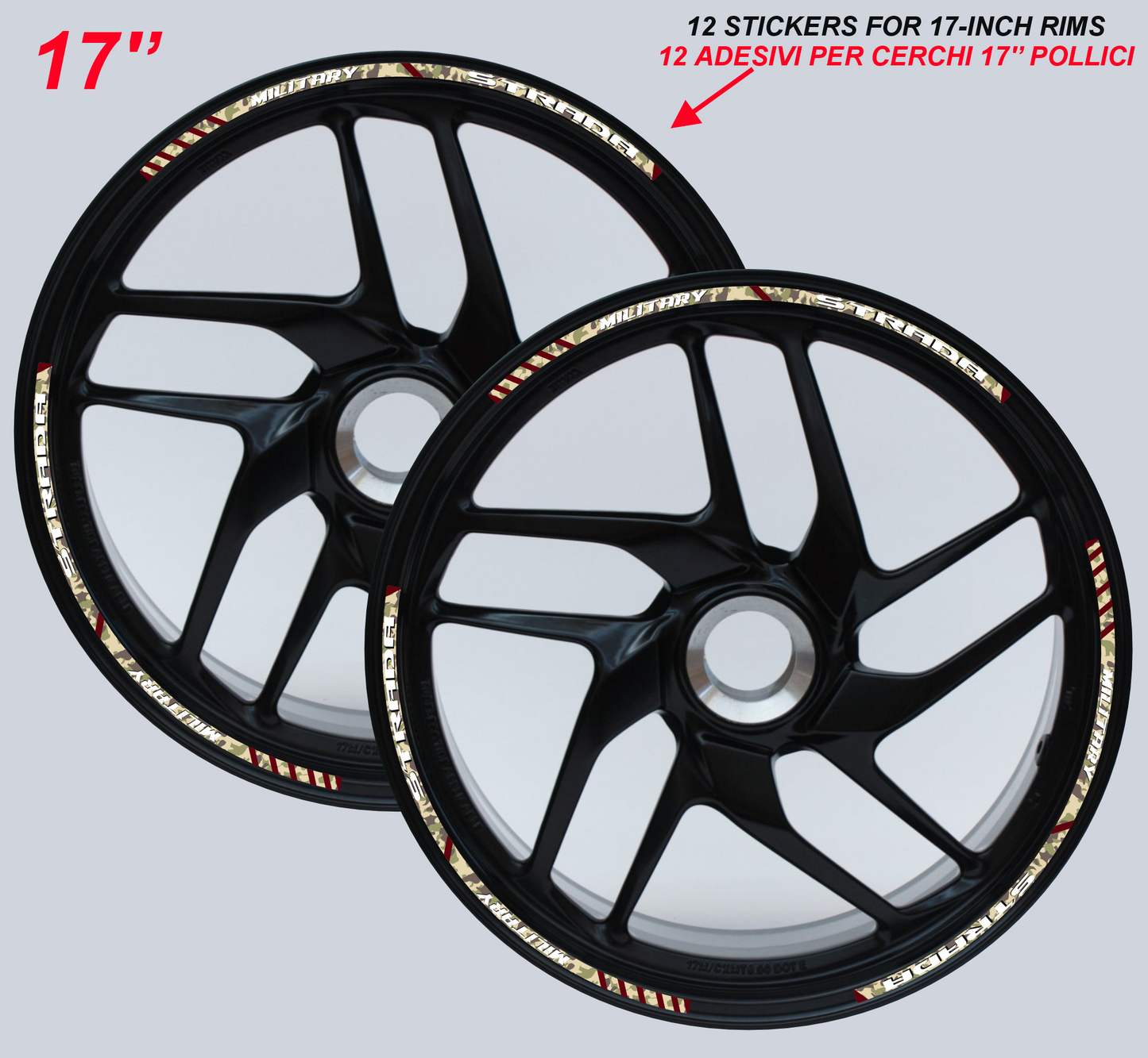 Adesivi Cerchi Moto 17 Pollici – Set 2 Ruote – Design Racing Effetto militare – Resistenti a Sole e Pioggia – rims Adesivi Lucidi Ruote Moto D0144