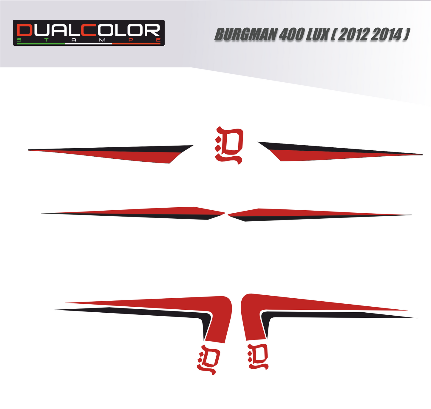 Adesivi compatibili con Suzuki Burgman 400 LUX, Rosso e Nero, 2012-2014 Decorativi per carena accessori scooter kit protezione M0353