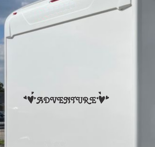 Adesivi stickers camper frase ADVENTURE CUORI frasi -caravan roulotte- accessori grafiche fiancata scegli colore cod. 0429 (cm 56 x 8,5)