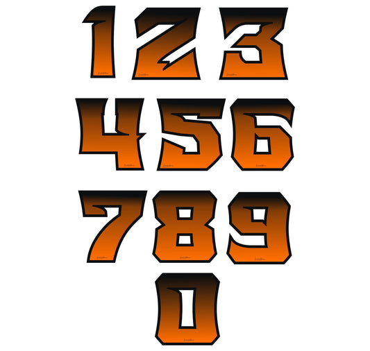Numeri Adesivi Gara 0-9 per Moto, Caschi, Kart, Auto – Effetto Fiamma Arancione/Nero – Stickers Waterproof & UV – Decalcomanie Sport Racing Flame 0447