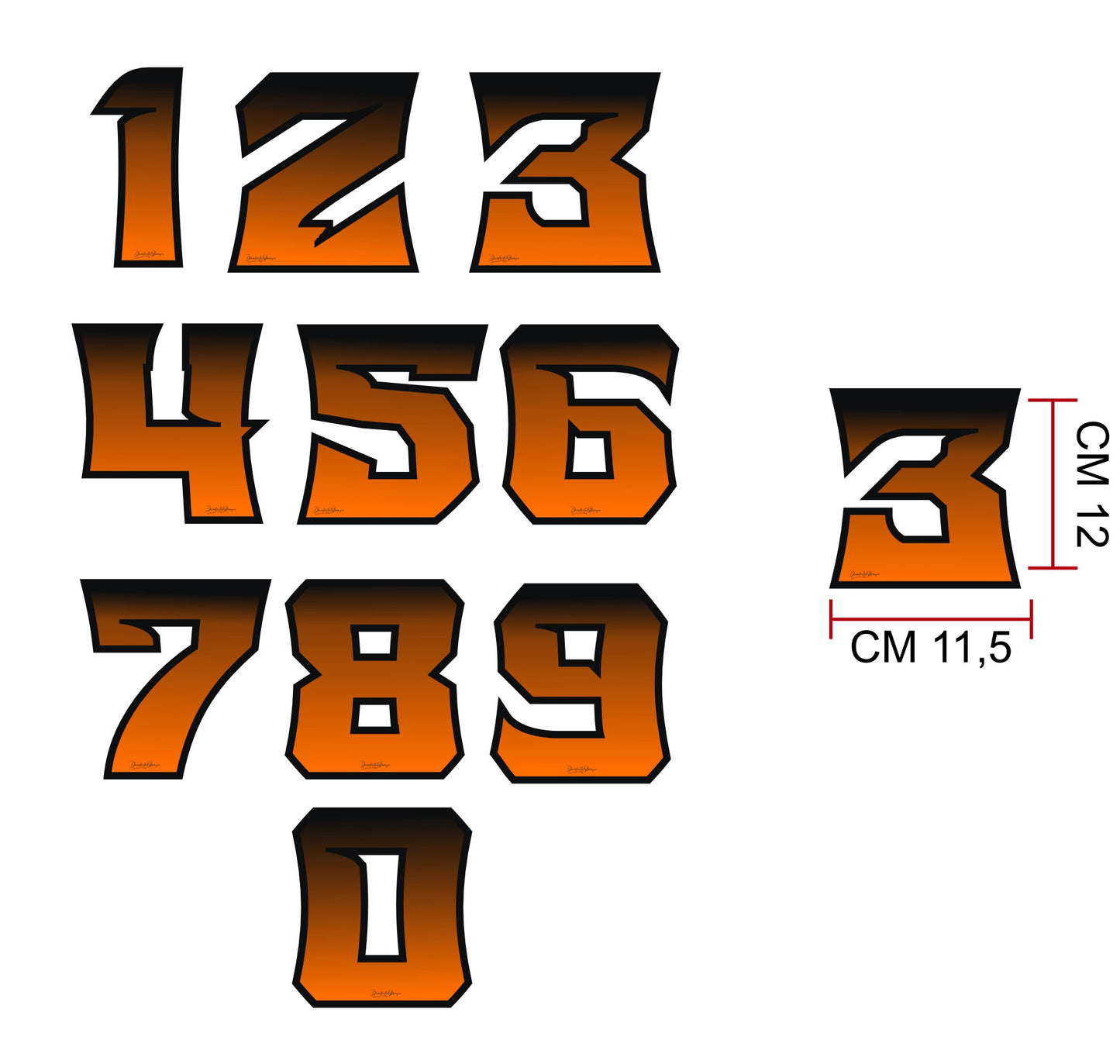 Numeri Adesivi Gara 0-9 per Moto, Caschi, Kart, Auto – Effetto Fiamma Arancione/Nero – Stickers Waterproof & UV – Decalcomanie Sport Racing Flame 0447