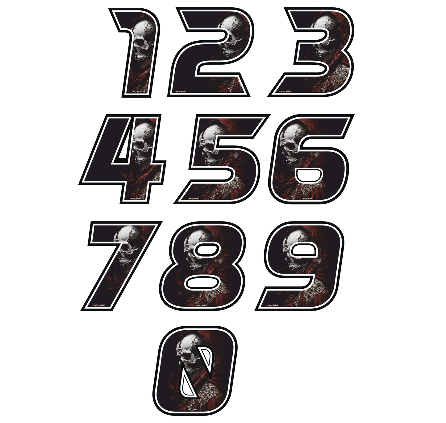 Adesivi Numeri Gara con Teschio – Skull Racing Stickers 0-9 per Moto, Auto, Caschi, Kart, Bici – Vinile Waterproof UV Resistant – Stile Estremo 0448