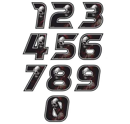 Adesivi Numeri Gara con Teschio – Skull Racing Stickers 0-9 per Moto, Auto, Caschi, Kart, Bici – Vinile Waterproof UV Resistant – Stile Estremo 0448