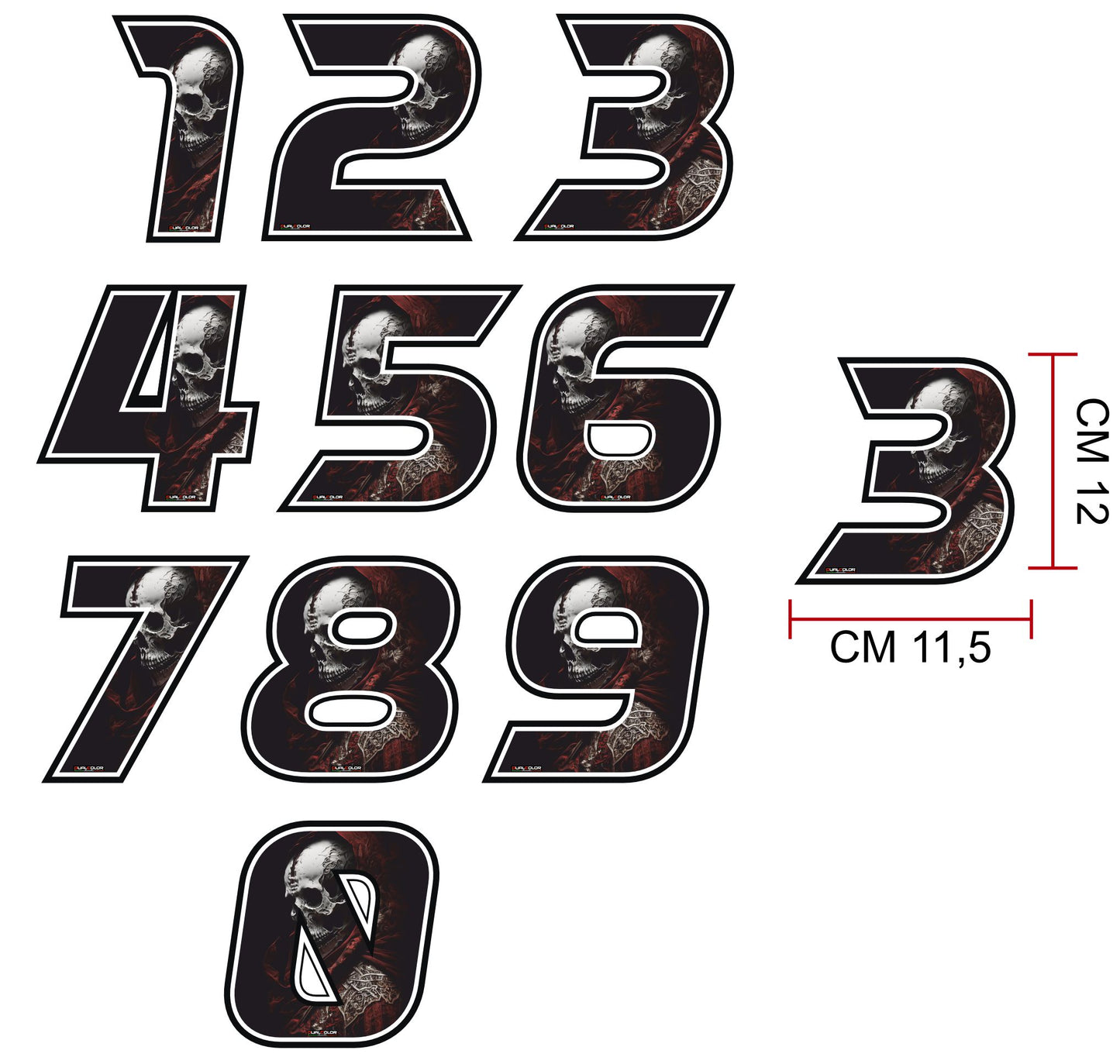 Adesivi Numeri Gara con Teschio – Skull Racing Stickers 0-9 per Moto, Auto, Caschi, Kart, Bici – Vinile Waterproof UV Resistant – Stile Estremo 0448