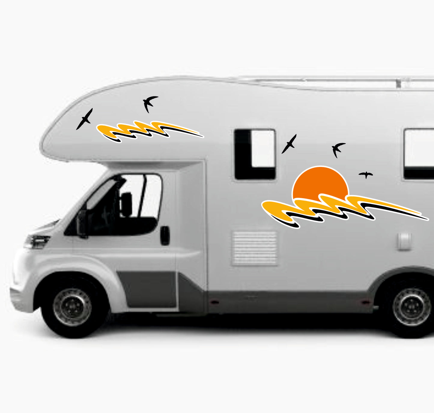 Set Adesivi Camper Tramonto con Onde e Uccelli – Decorazioni Laterali in PVC Air Free (14 Pezzi) 0458