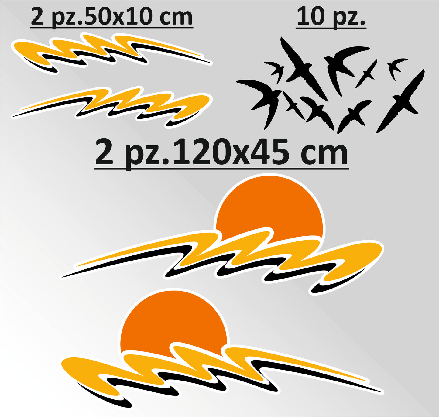 Set Adesivi Camper Tramonto con Onde e Uccelli – Decorazioni Laterali in PVC Air Free (14 Pezzi) 0458