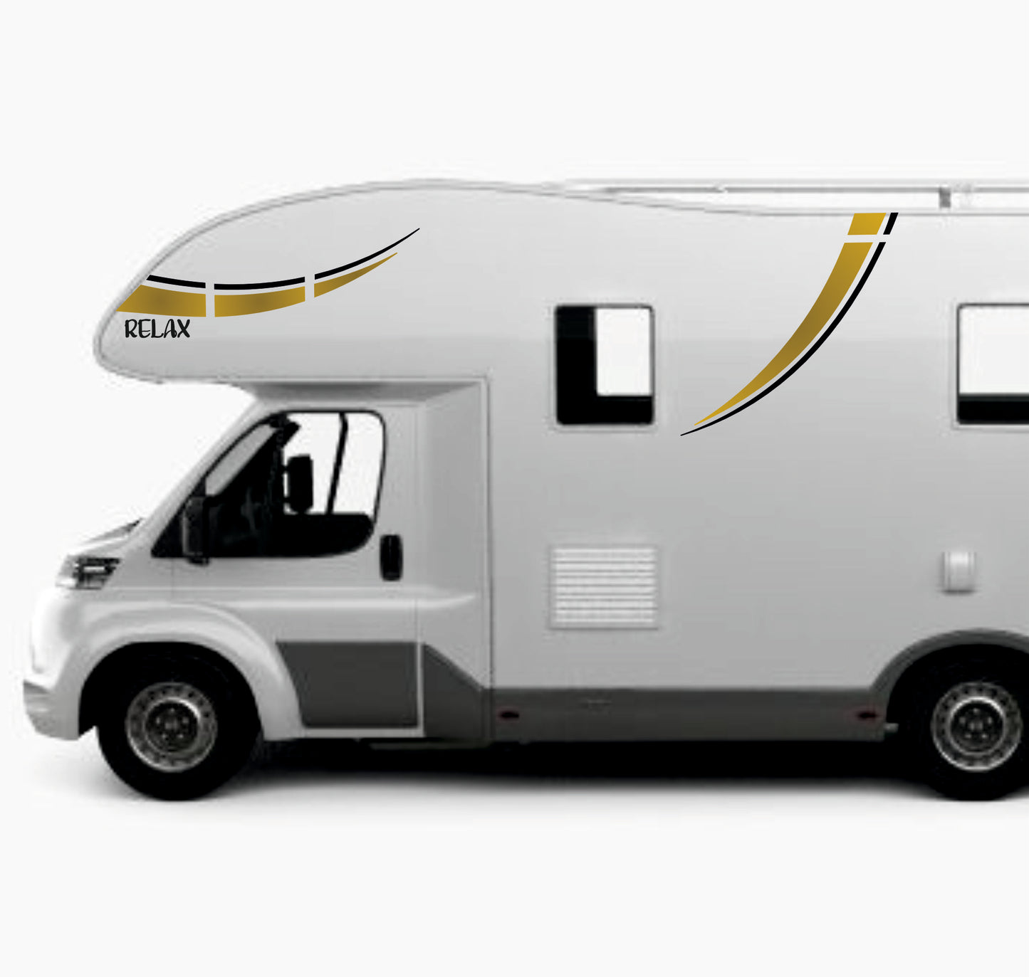 Adesivi per Camper e Roulotte, Decalcomanie Decorative con Stelle, Oro e Nero, Kit GRANDE Completo con Strisce Curve 0459