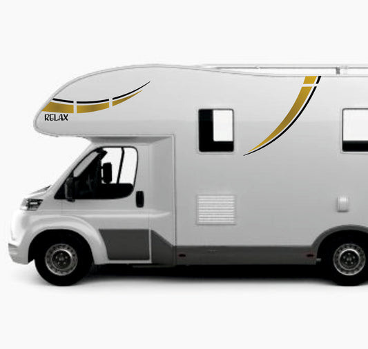 Adesivi per Camper e Roulotte, Decalcomanie Decorative con Stelle, Oro e Nero, Kit GRANDE Completo con Strisce Curve 0459