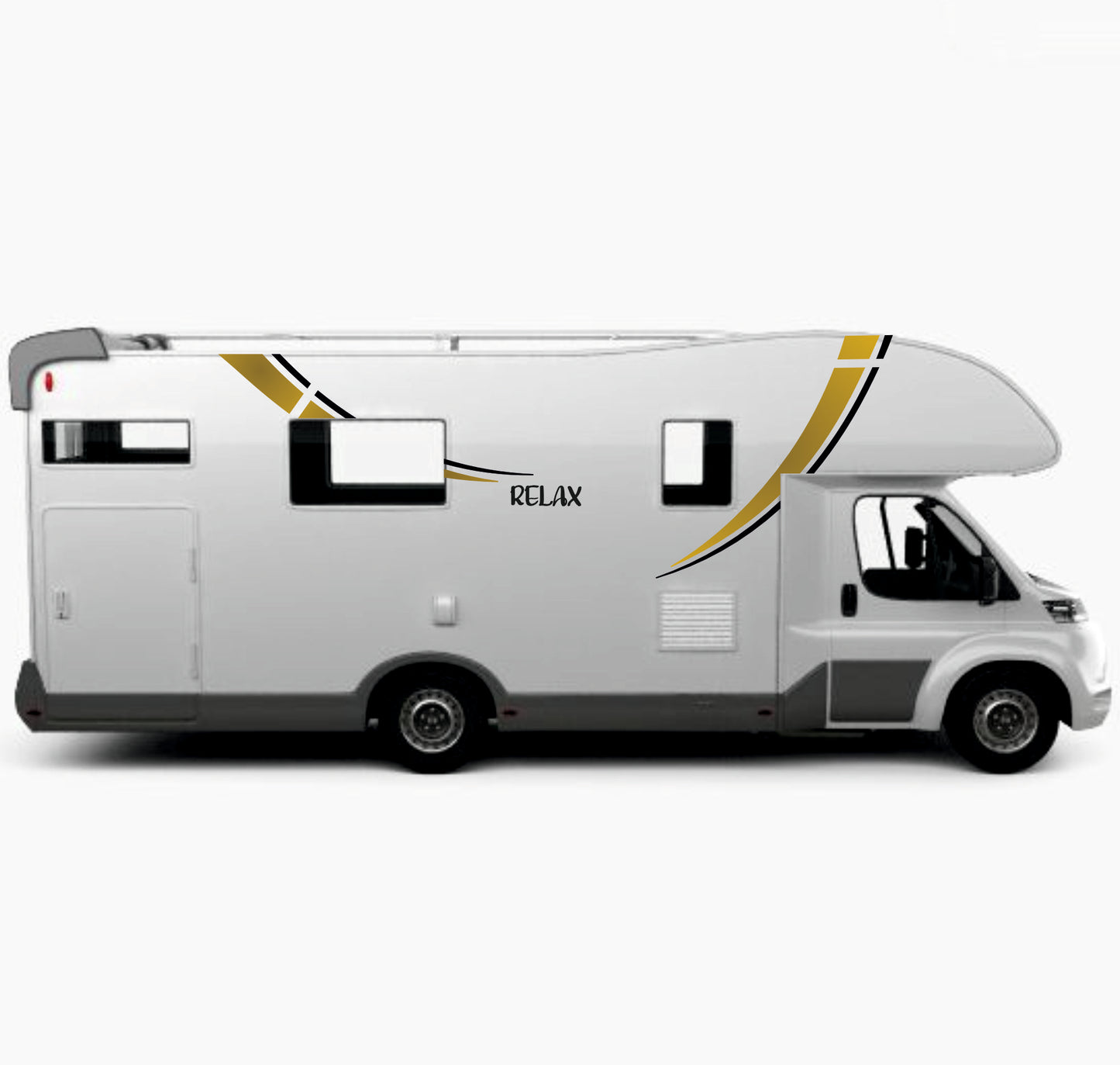 Adesivi per Camper e Roulotte, Decalcomanie Decorative con Stelle, Oro e Nero, Kit GRANDE Completo con Strisce Curve 0459