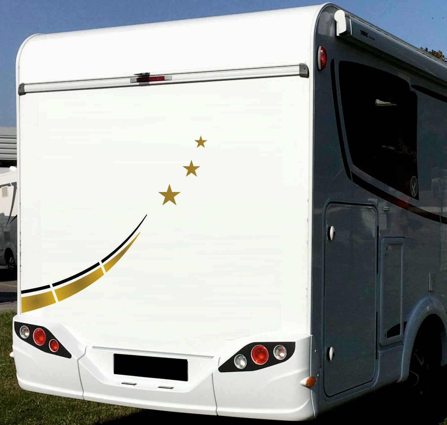 Adesivi per Camper e Roulotte, Decalcomanie Decorative con Stelle, Oro e Nero, Kit GRANDE Completo con Strisce Curve 0459