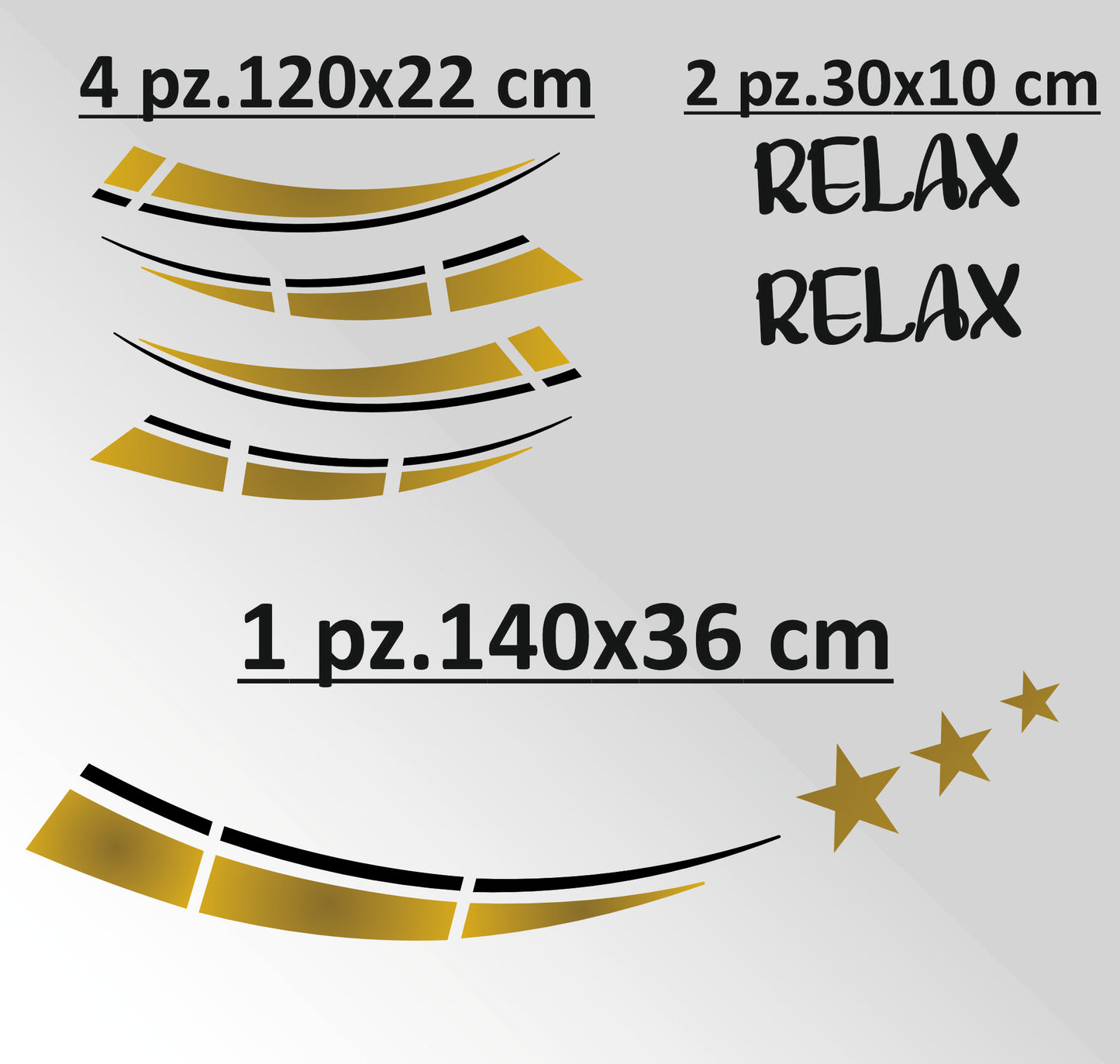 Adesivi per Camper e Roulotte, Decalcomanie Decorative con Stelle, Oro e Nero, Kit GRANDE Completo con Strisce Curve 0459