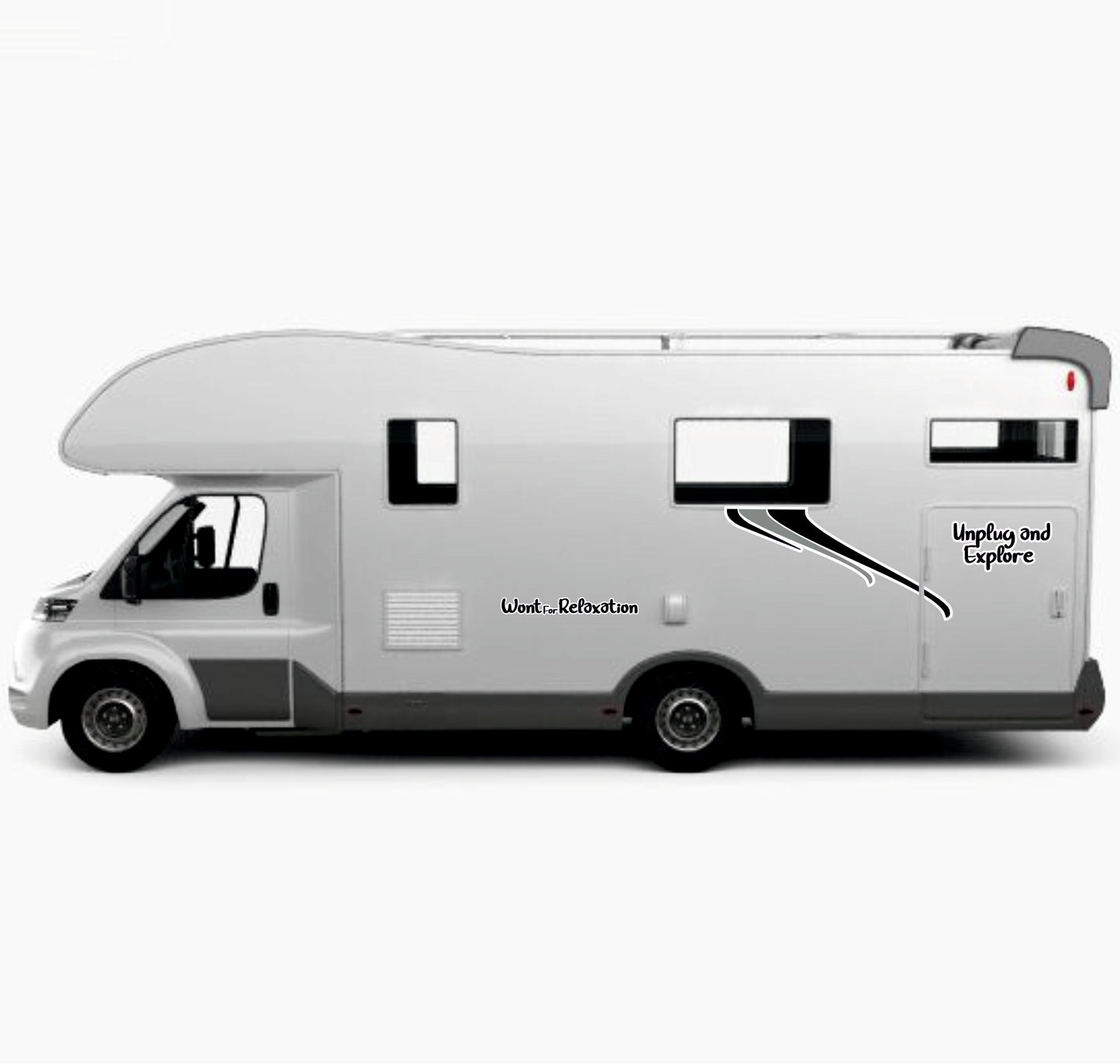 Set Adesivi Camper Unplug and Explore – Decorazioni Laterali Destra/Sinistra in Nero Grigio Bianco (0462)