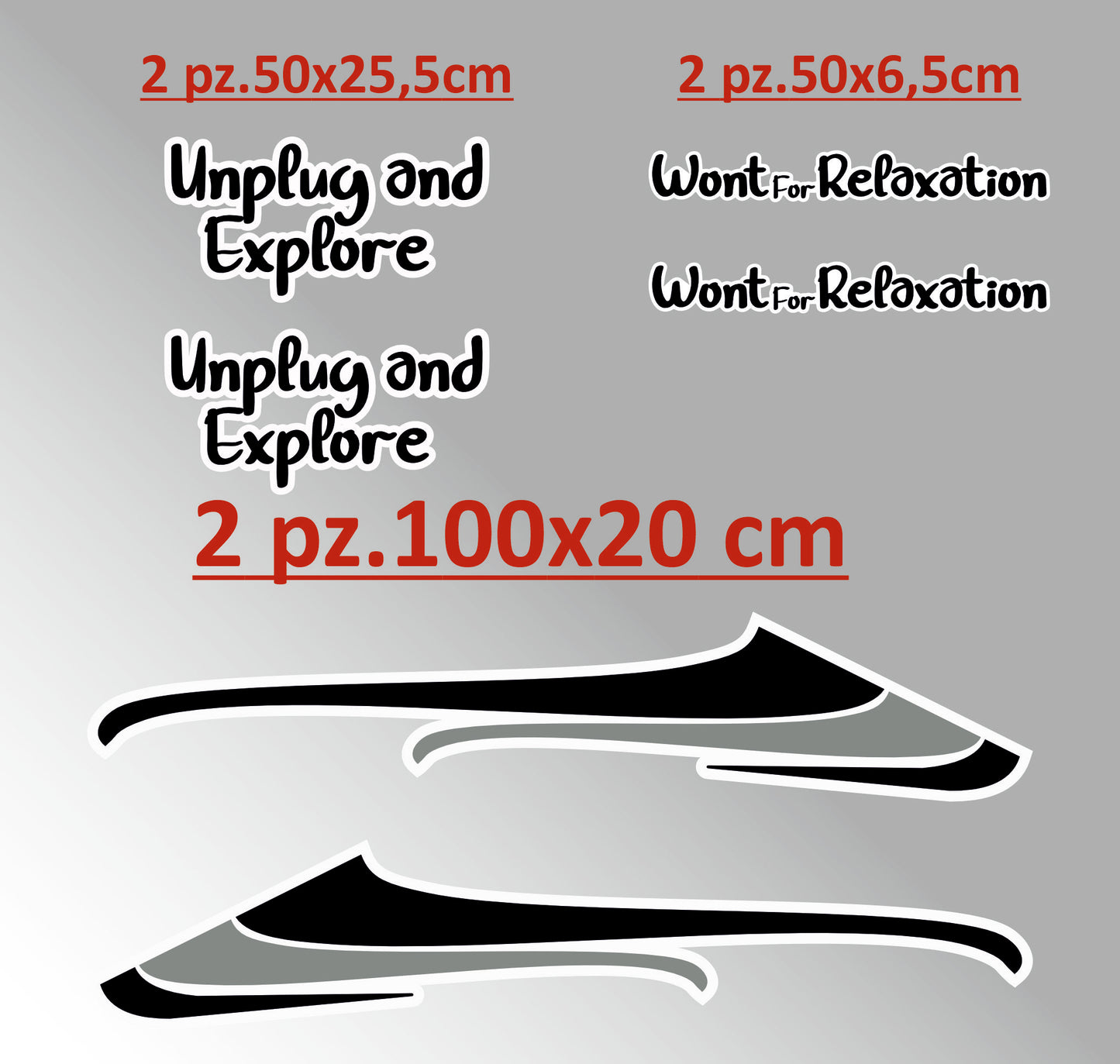 Set Adesivi Camper Unplug and Explore – Decorazioni Laterali Destra/Sinistra in Nero Grigio Bianco (0462)