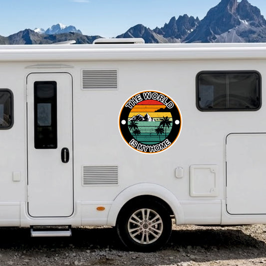 Adesivi Camper frase 'The World Is My Home', PVC Air Free, Rotondi, 2 Pezzi, 50x50 cm sticker caravan roulotte- accessori grafiche 0466