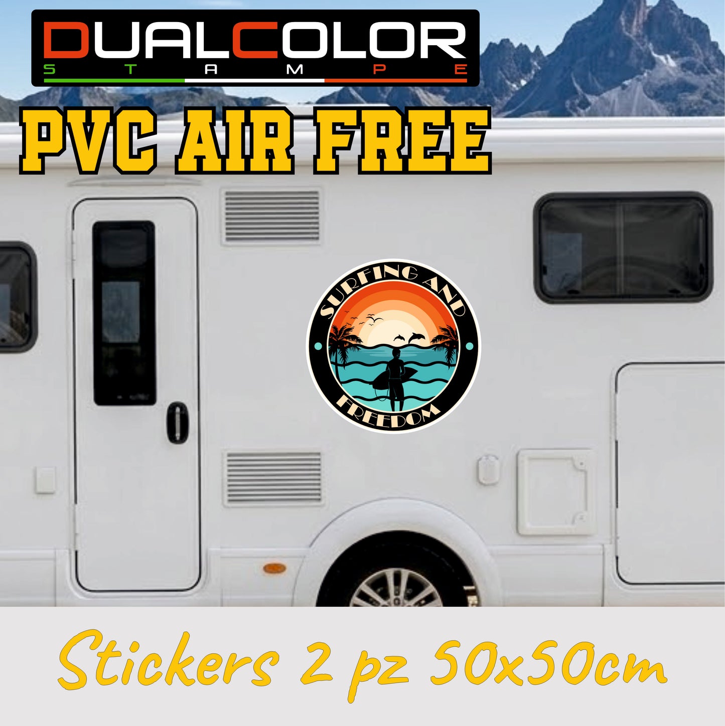 Adesivi Camper 'Surfing and Freedom', PVC Air Free, Rotondi, 50x50 cm, 2 Pezzi Stickers camper decalcomania 0467