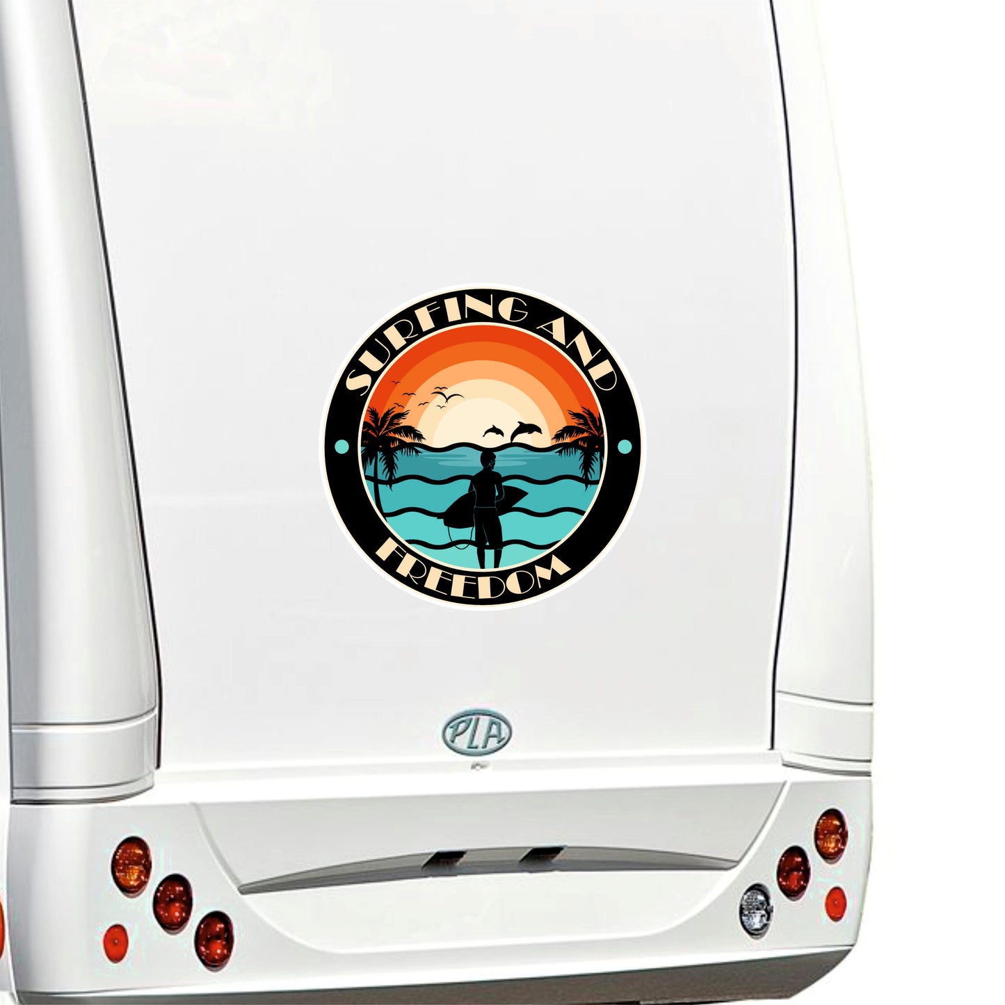 Adesivi Camper 'Surfing and Freedom', PVC Air Free, Rotondi, 50x50 cm, 2 Pezzi Stickers camper decalcomania 0467