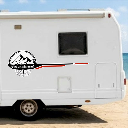 Adesivi Camper Grandi, frase Vita on the Road, con Montagne e Bussola, Nero e Rosso, 100x30 cm, 2 Pezzi 0468