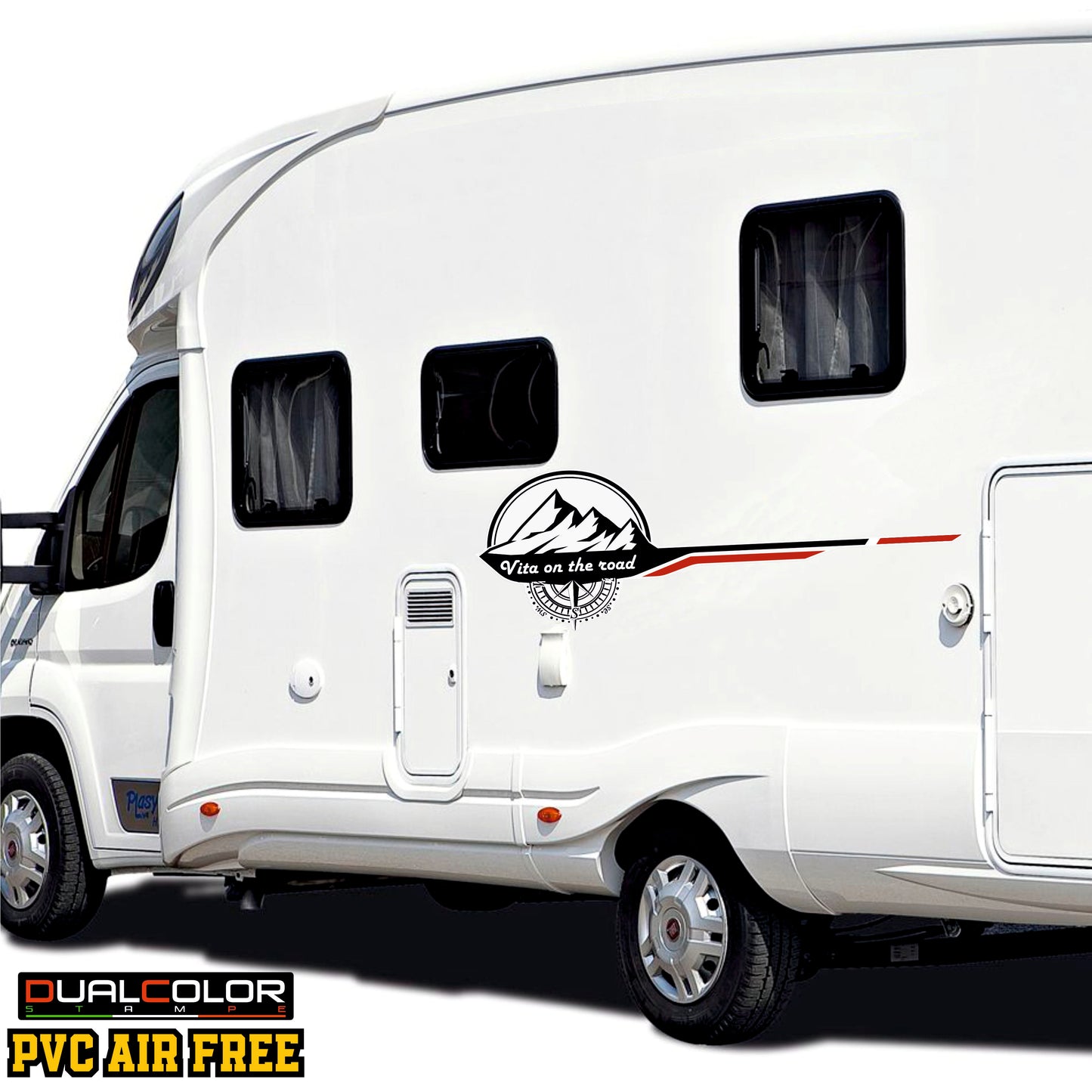 Adesivi Camper Grandi, frase Vita on the Road, con Montagne e Bussola, Nero e Rosso, 100x30 cm, 2 Pezzi 0468