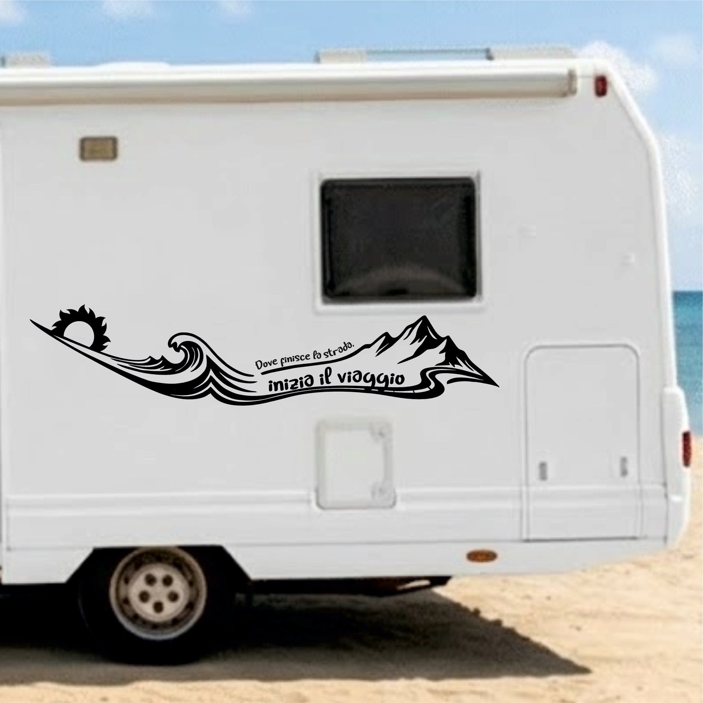 Adesivi Camper con Frasi, Stickers Onde Mare e Montagne, 2 Pezzi, 100x20 cm, Nero, PVC Air Free 0469