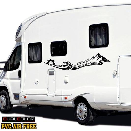 Adesivi Camper con Frasi, Stickers Onde Mare e Montagne, 2 Pezzi, 100x20 cm, Nero, PVC Air Free 0469