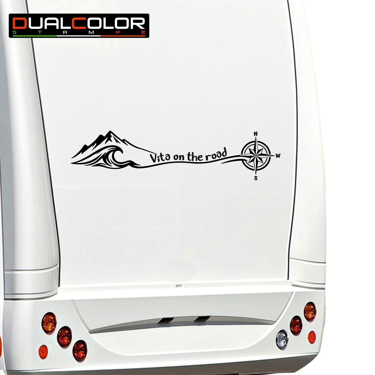 Adesivi Camper 'Vita on the Road' con Rosa dei Venti e Montagne, Nero, PVC Air Free, 2 Pezzi 100x25 cm 0470