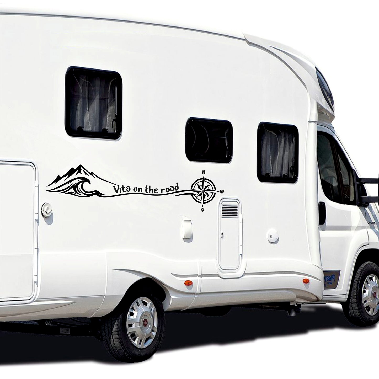 Adesivi Camper 'Vita on the Road' con Rosa dei Venti e Montagne, Nero, PVC Air Free, 2 Pezzi 100x25 cm 0470