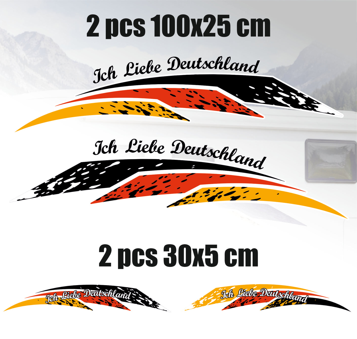 Adesivi per Camper con Bandiera Tedesca, Ich Liebe Deutschland, Impermeabili e resistenti ai raggi UV, 2 pz 100x25 cm e 2 pz 30x5 cm 0472