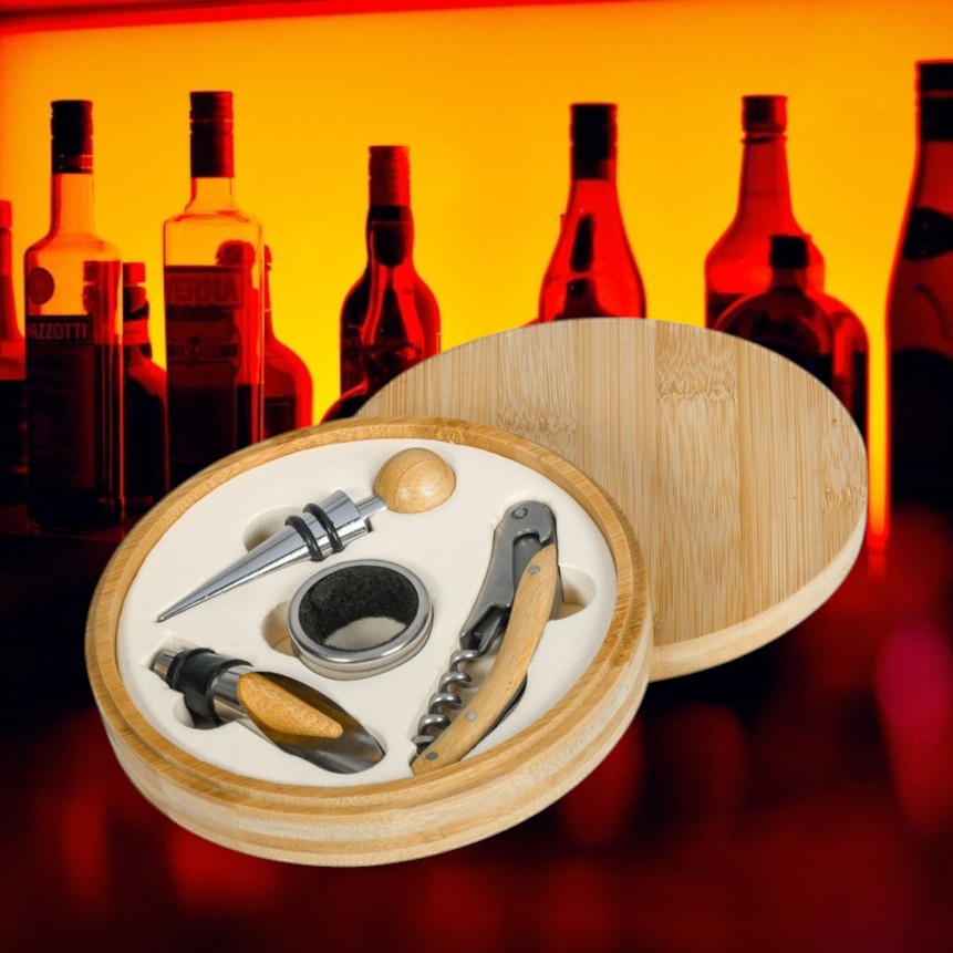 Set di utensili per il vino , regali per gli sposi, regali per feste di matrimonio cavatappi apribottiglie, set regalo ecosostenibile bamboo