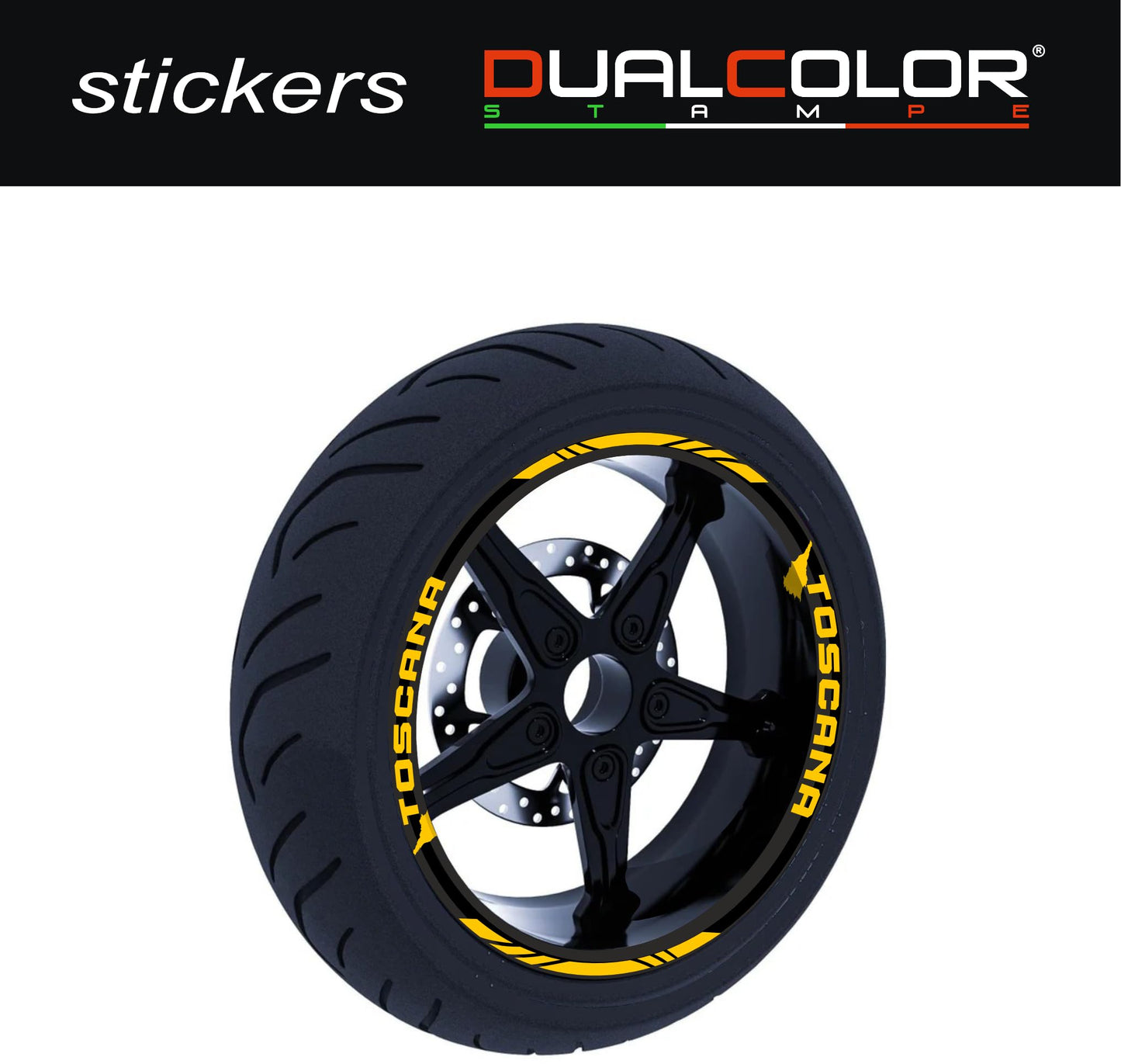 DualColorStampe Stickers Adesivi Set Completo di Cerchi Strisce per Moto per 2 Ruote da 17'' pollici strips Design Racing regione TOSCANA D0120
