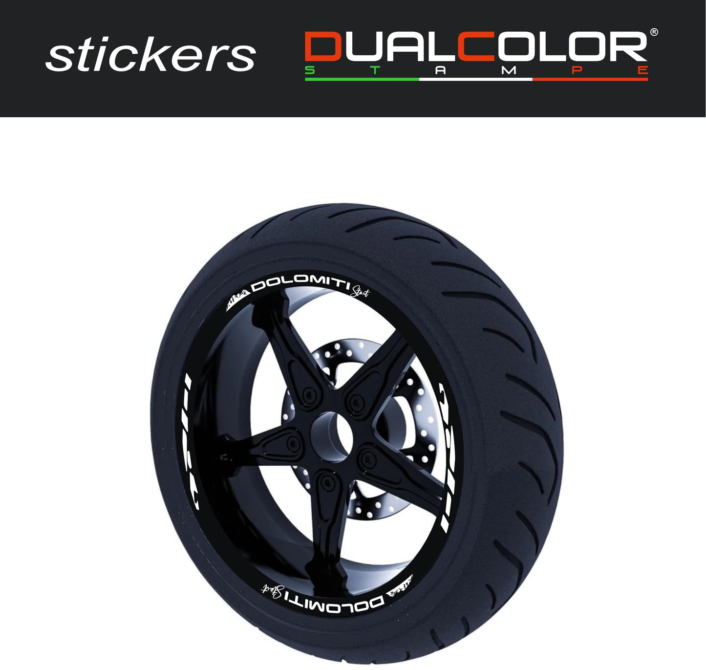 DualColorStampe Stickers Adesivi Set Completo di Cerchi Strisce per Moto per 2 Ruote da 17'' pollici strips Design Racing DOLOMITI D0119