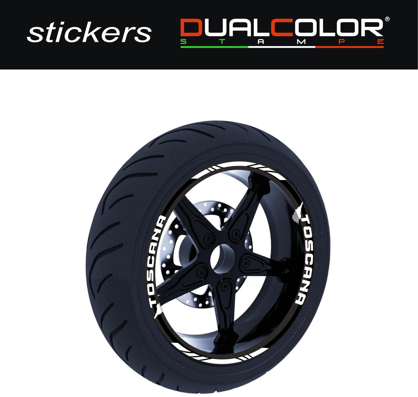 DualColorStampe Stickers Adesivi Set Completo di Cerchi Strisce per Moto per 2 Ruote da 17'' pollici strips Design Racing regione TOSCANA D0120