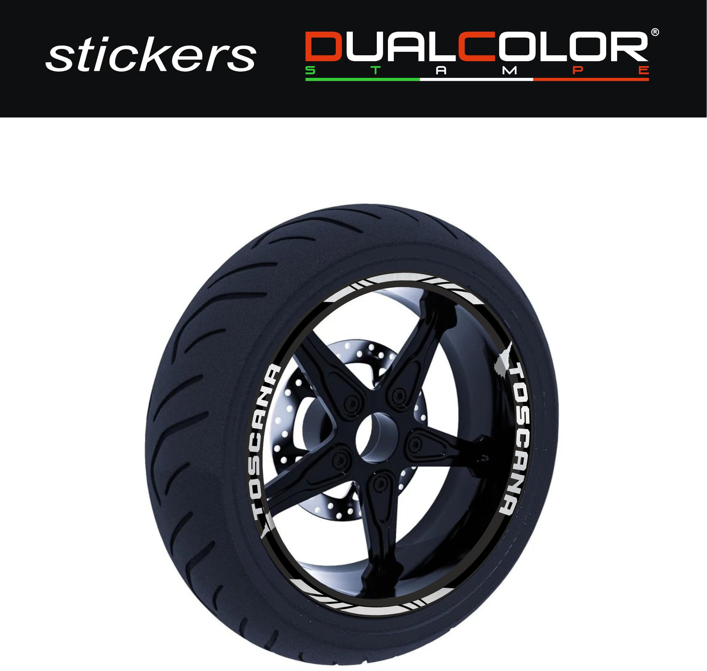 DualColorStampe Stickers Adesivi Set Completo di Cerchi Strisce per Moto per 2 Ruote da 17'' pollici strips Design Racing regione TOSCANA D0120