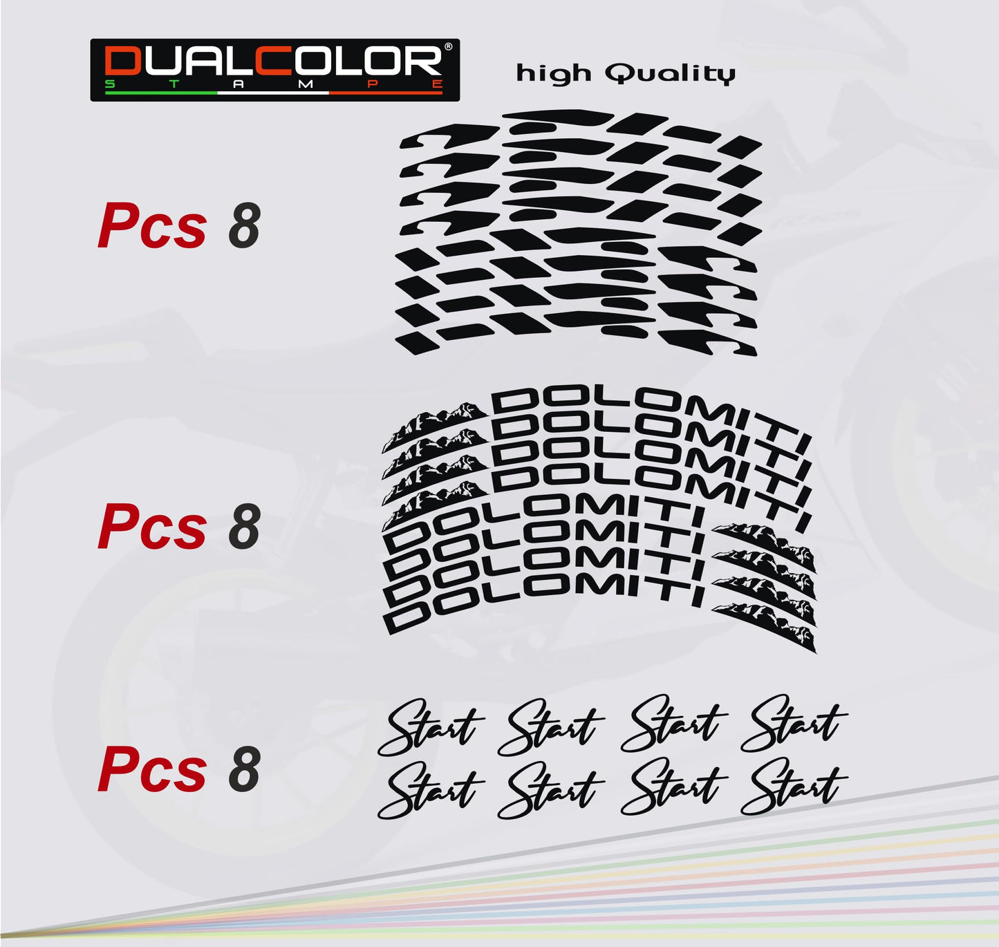 DualColorStampe Stickers Adesivi Set Completo di Cerchi Strisce per Moto per 2 Ruote da 17'' pollici strips Design Racing DOLOMITI D0119