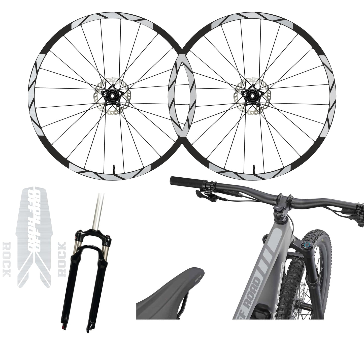 Kit completo Adesivi Cerchi Bici MTB 26'' - 27,5'' - 28-29'' Pollici, adesivi forcella MTB, adesivi telaio MTB off road Stickers decal - B0068