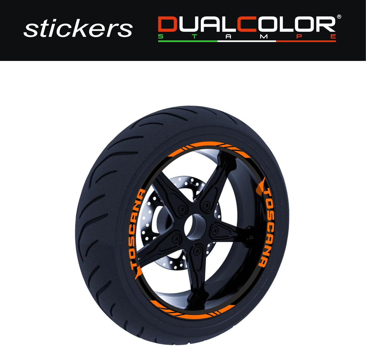 DualColorStampe Stickers Adesivi Set Completo di Cerchi Strisce per Moto per 2 Ruote da 17'' pollici strips Design Racing regione TOSCANA D0120