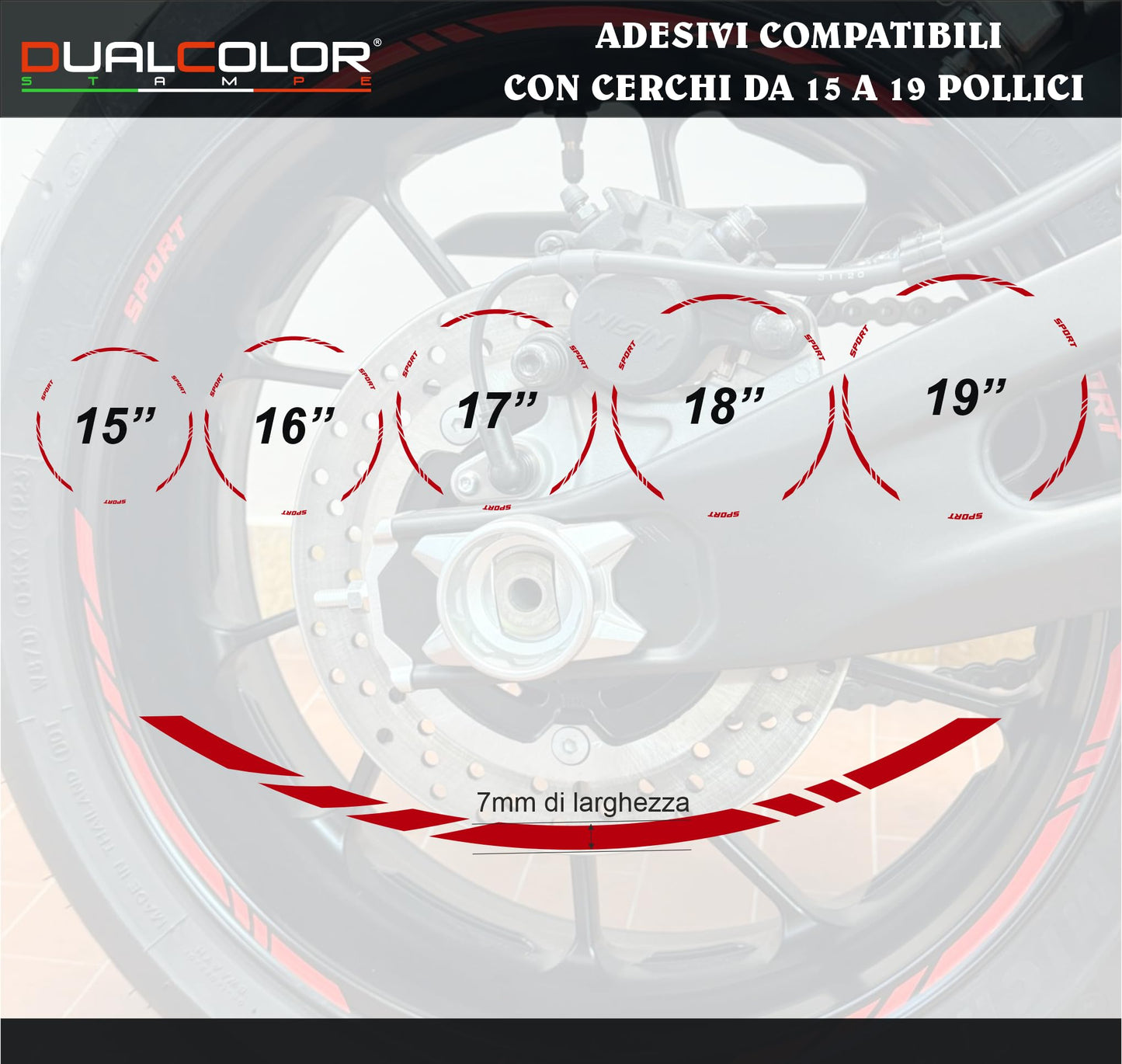 DualColorStampe Set di Strisce Cerchi Moto per 2 Ruote da 15" a 19" Pollici | Adesivi Ruote Moto | Adesivi Cerchi Moto Resiste a Pioggia e Sole | Design Racing D0124