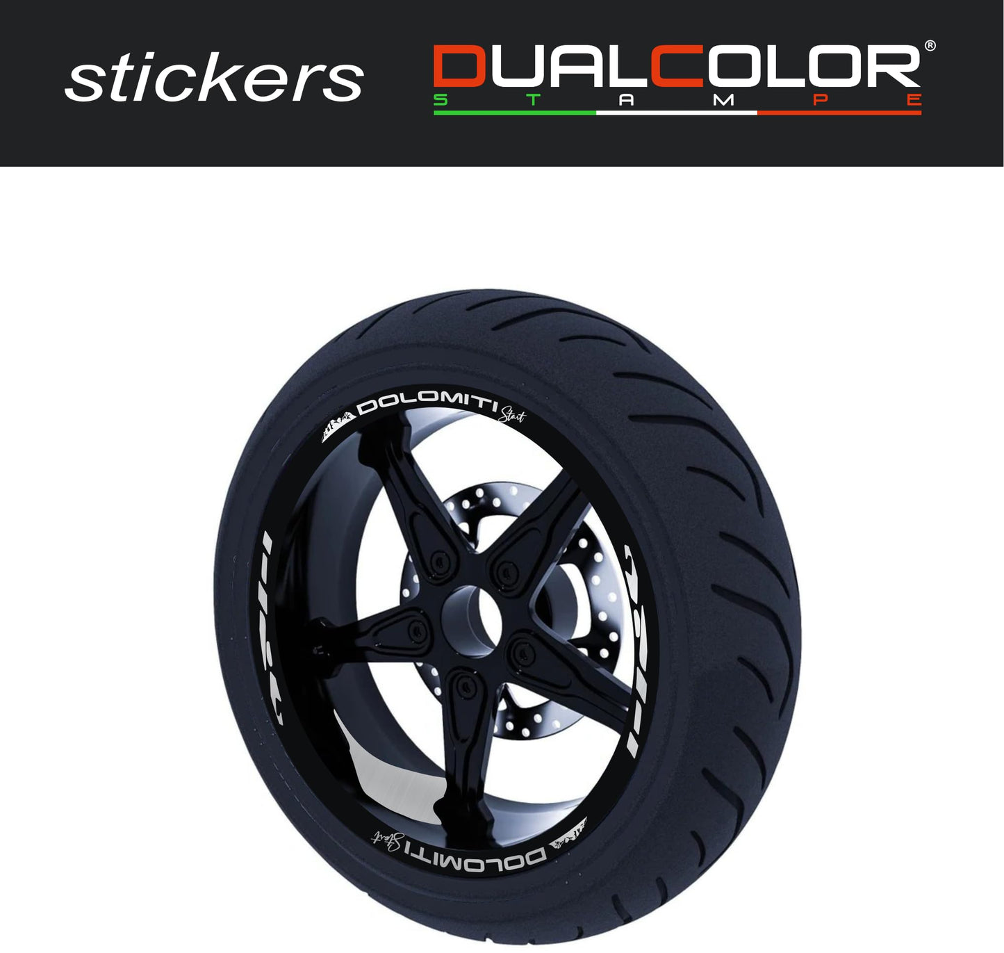 DualColorStampe Stickers Adesivi Set Completo di Cerchi Strisce per Moto per 2 Ruote da 17'' pollici strips Design Racing DOLOMITI D0119