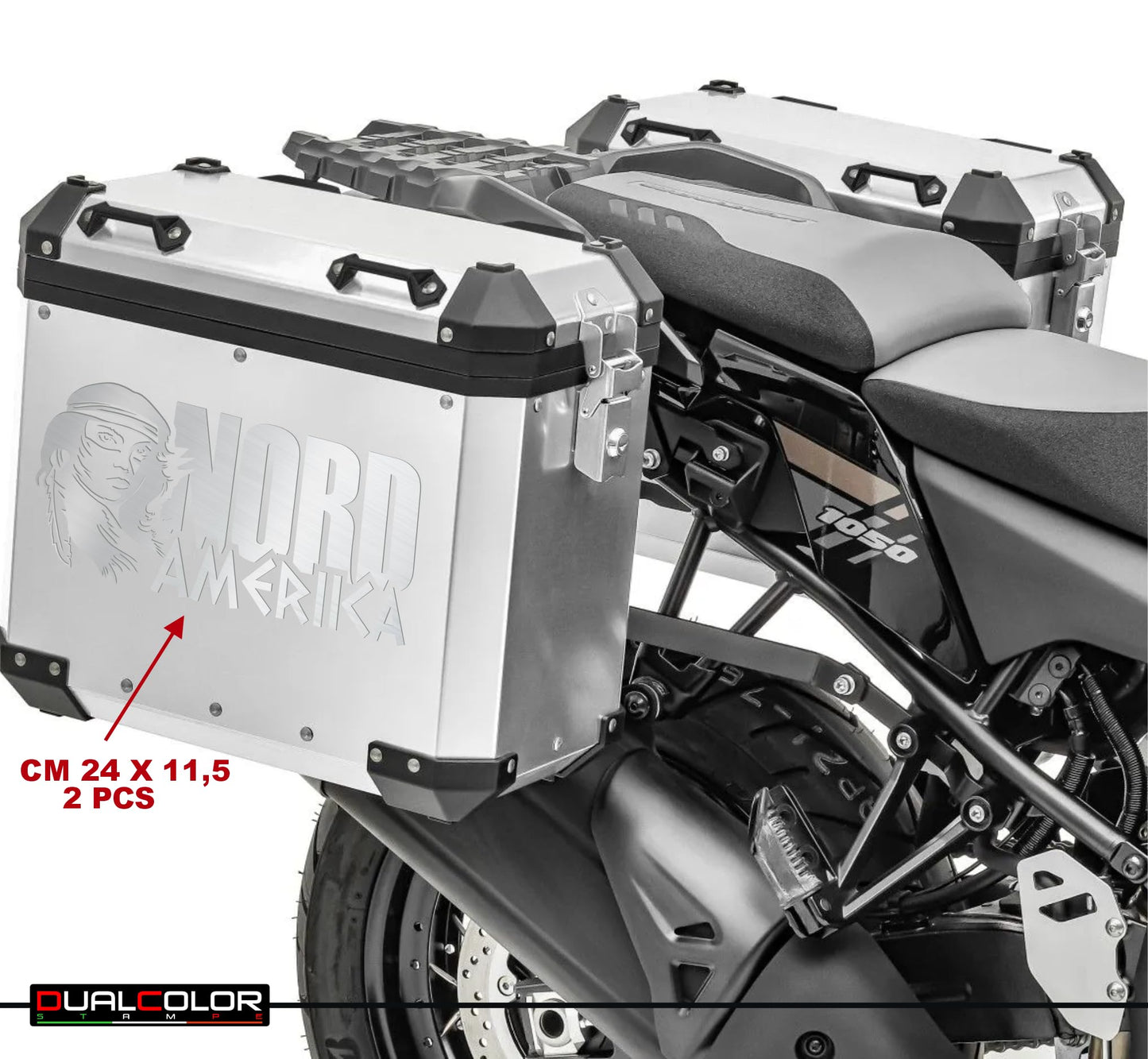 DualColorStampe Set 2 Adesivi Valigie Moto alluminio Adventure Trail off Road Sport 4x4 Racing stickers valigia NORD AMERIKA COD. M0309