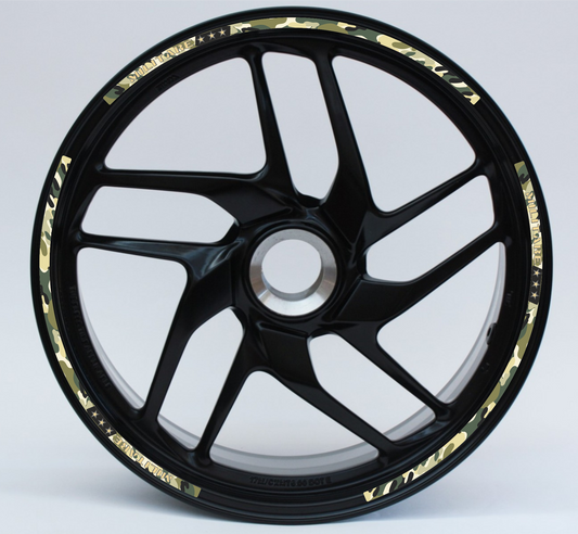 Strisce Adesive Cerchi Moto 17 Pollici  design militare – Set per 2 Ruote – Design Racing Bianco Blu e Nero – Resistenti a Pioggia e Sole – Adesivi Ruote Moto Lucidi – Modello D0143