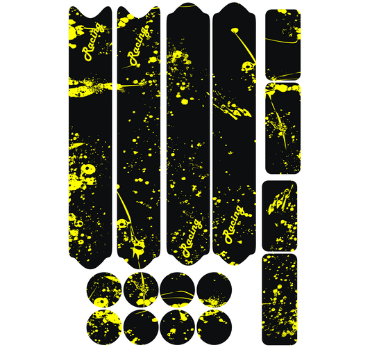 Kit 16 adesivi protettivi bici DualColorStampe nero e giallo applicati su telaio MTB
