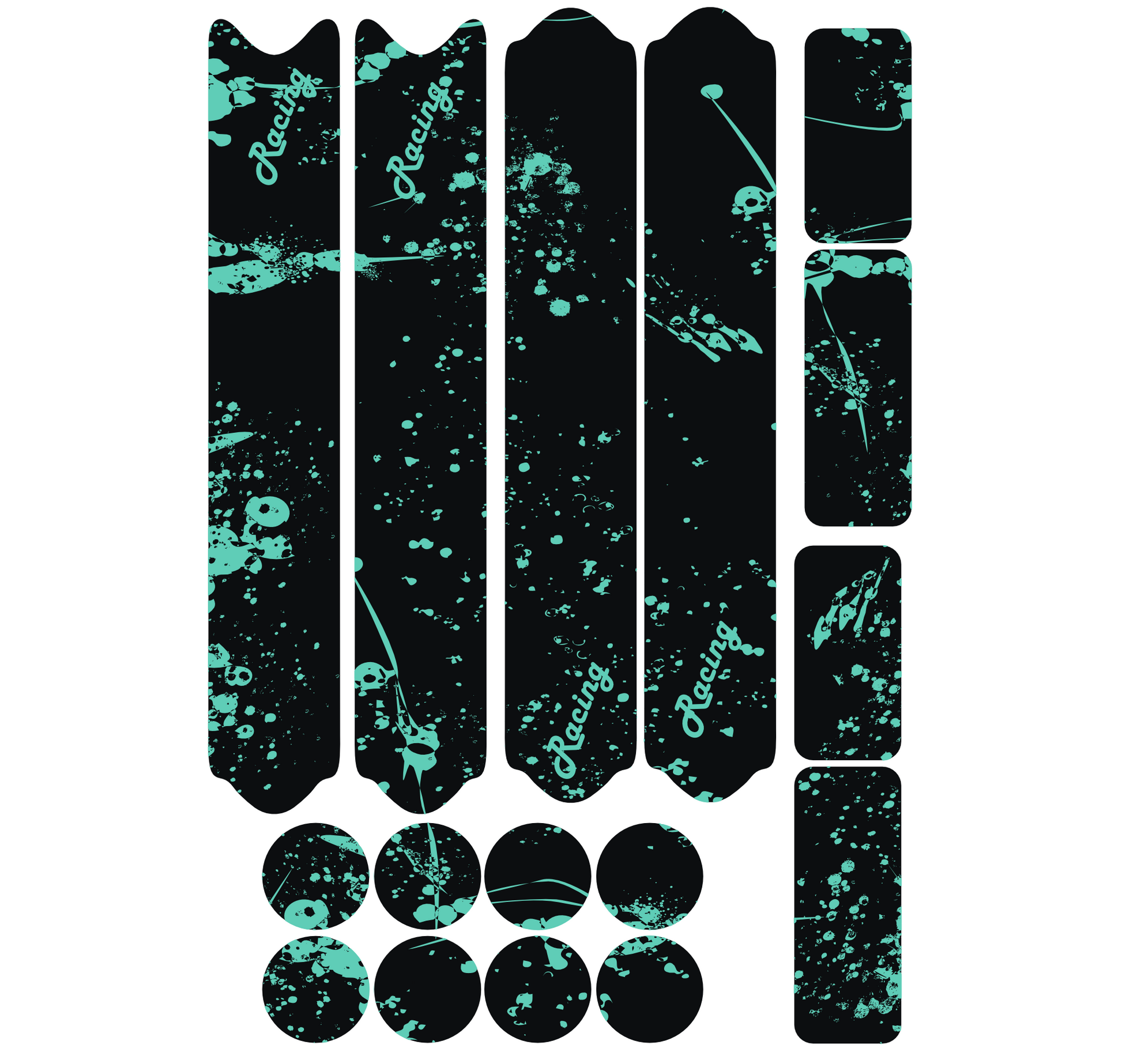 Kit 16 adesivi protettivi bici DualColorStampe nero e verde acqua applicati su telaio MTB
