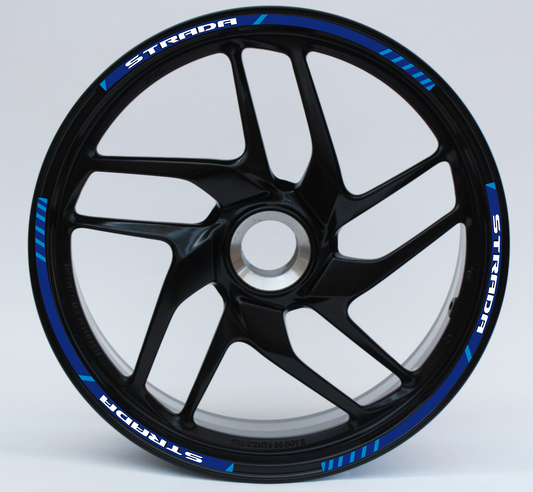 Strisce Adesive Cerchi Moto 17 Pollici – Set per 2 Ruote – Design Racing Bianco Blu e Nero – Resistenti a Pioggia e Sole – Adesivi Ruote Moto Lucidi – Modello D0138