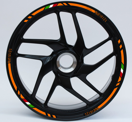 Confezione Adesivi Set Completo di Cerchi Strisce per Moto per 2 Ruote da 17'' pollici strips Design Sportivo D0146 NERO ARANCIONE