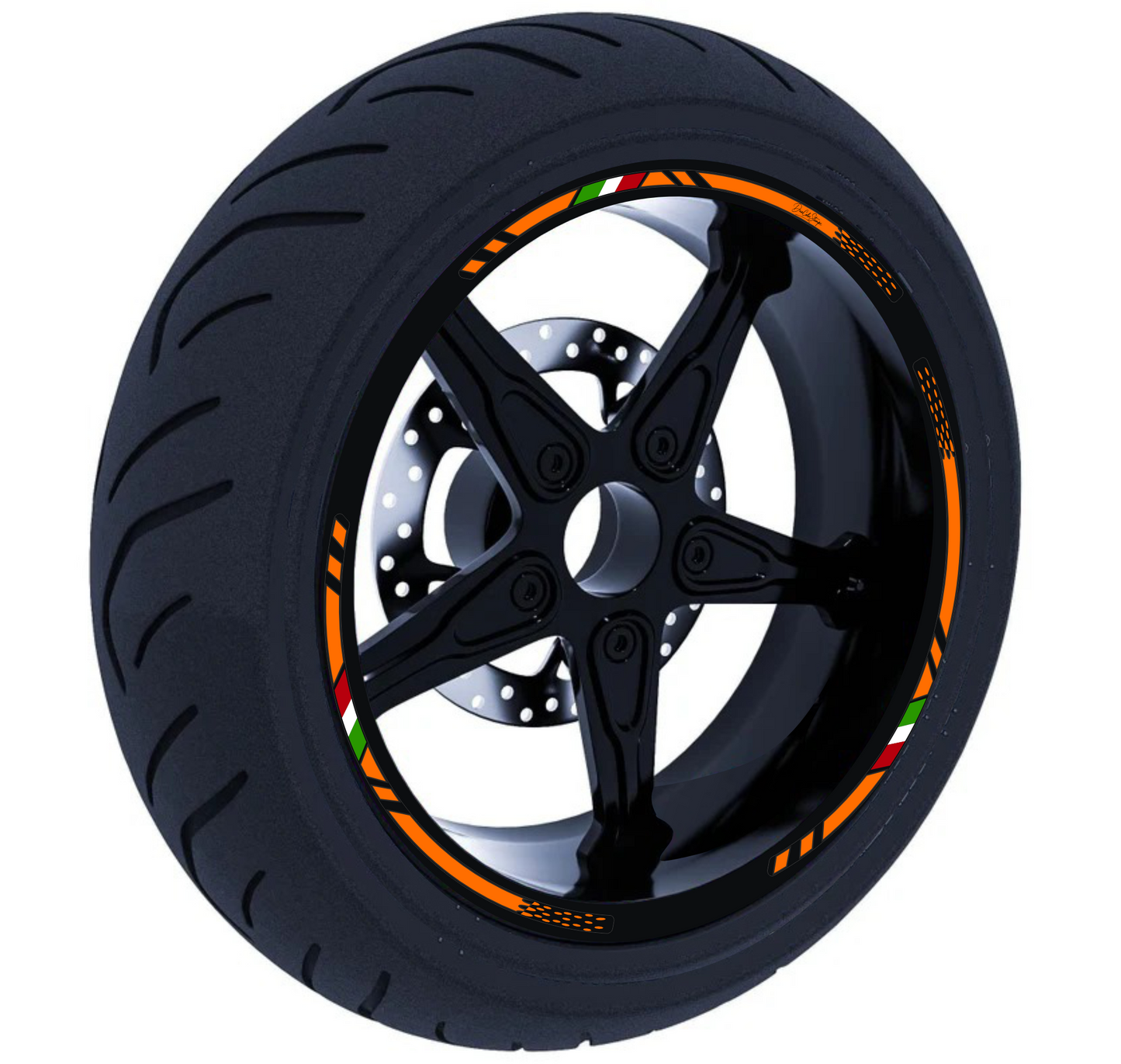 Confezione Adesivi Set Completo di Cerchi Strisce per Moto per 2 Ruote da 17'' pollici strips Design Sportivo D0146 NERO ARANCIONE