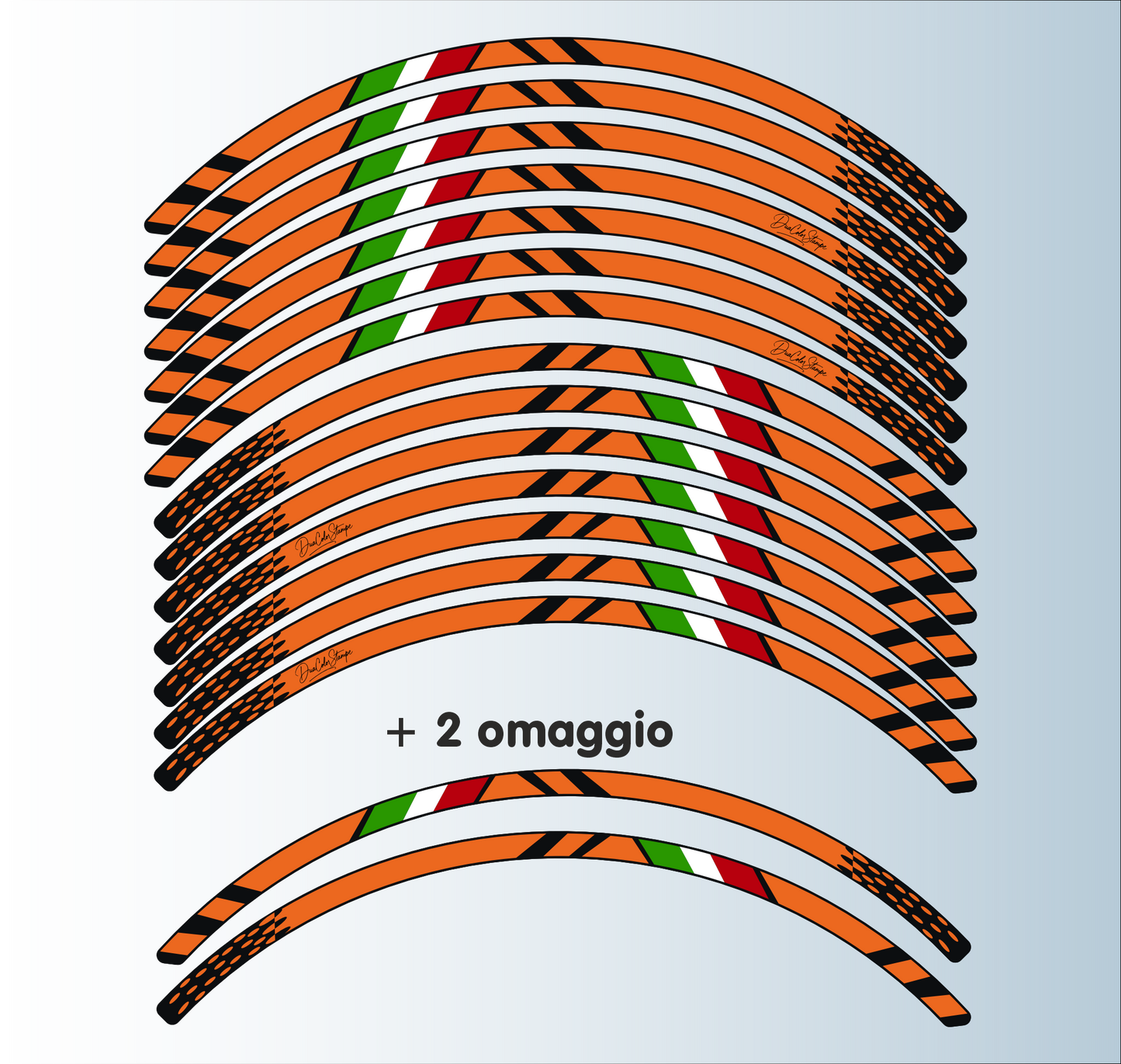 Confezione Adesivi Set Completo di Cerchi Strisce per Moto per 2 Ruote da 17'' pollici strips Design Sportivo D0146 NERO ARANCIONE