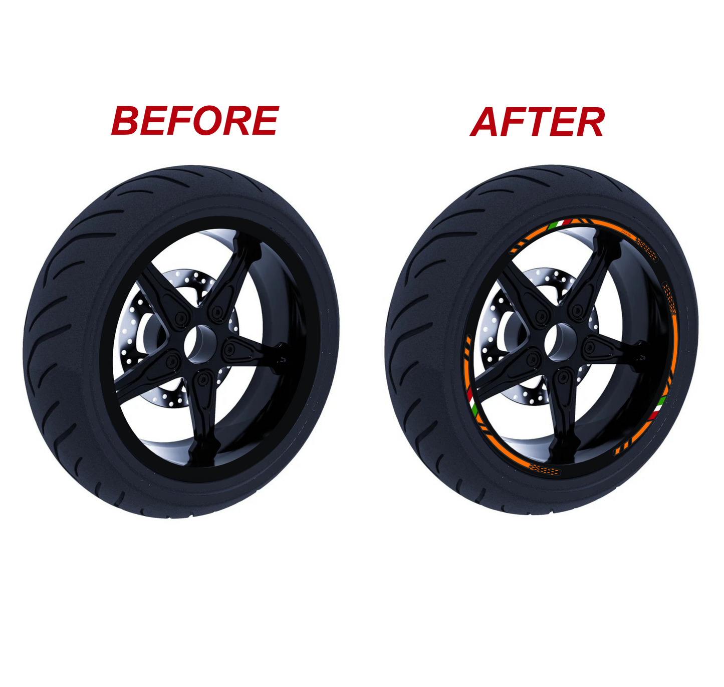 Confezione Adesivi Set Completo di Cerchi Strisce per Moto per 2 Ruote da 17'' pollici strips Design Sportivo D0146 NERO ARANCIONE