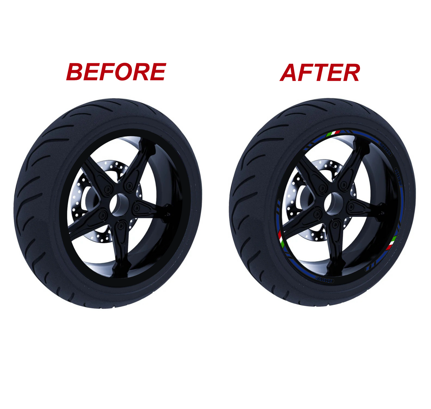 Confezione Adesivi Set Completo di Cerchi Strisce per Moto per 2 Ruote da 17'' pollici strips Design Sportivo D0147 NERO BLU